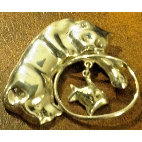 Taxco Sterling Silver Cat Brooch Pin Fishing Pawing Fish Bowl 925 Mexico - Picture 2 of 3
